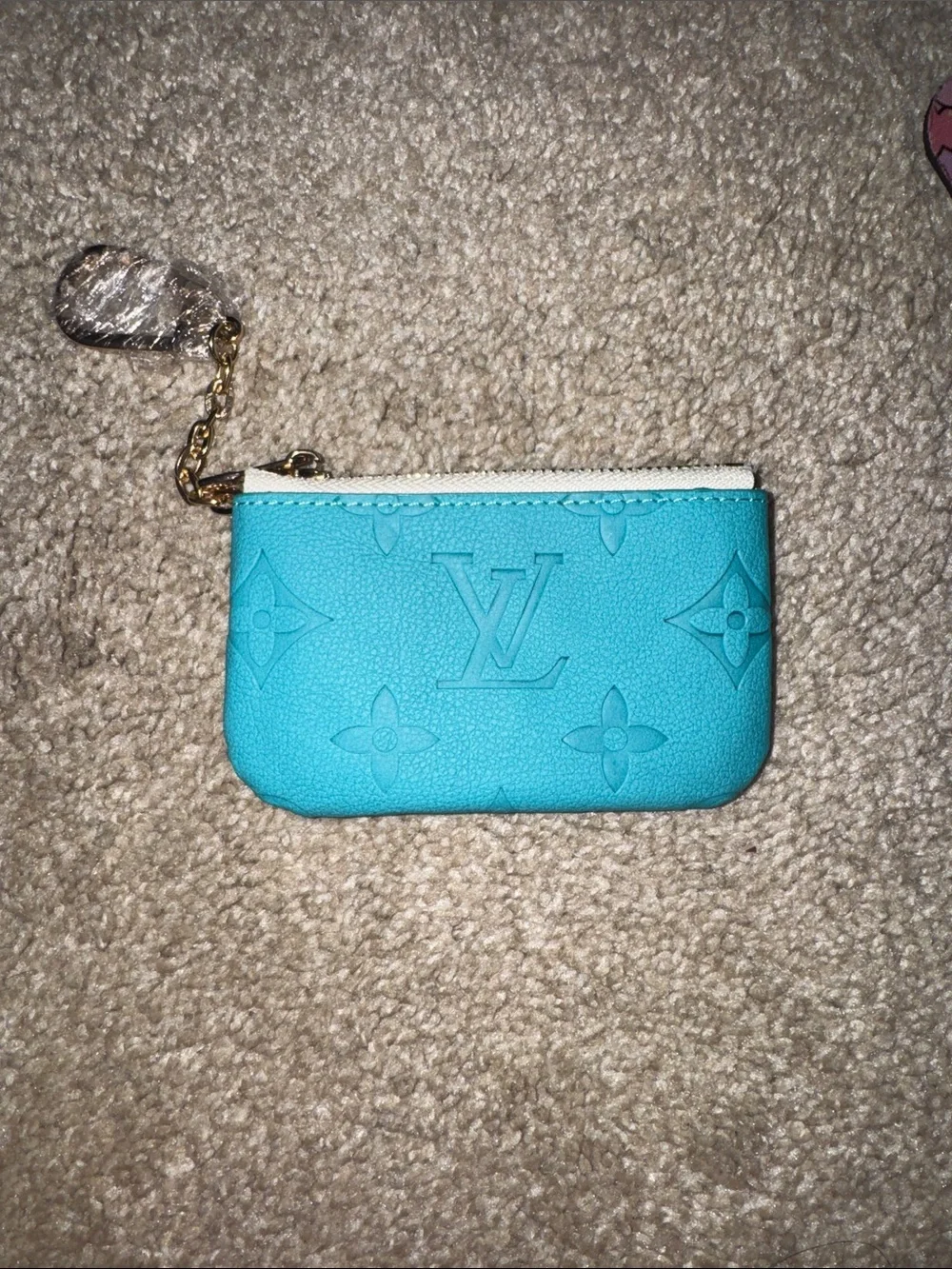 Turquoise Monogram Key Pouch with Gold Chain